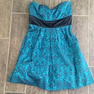 Teal and black strapless dress